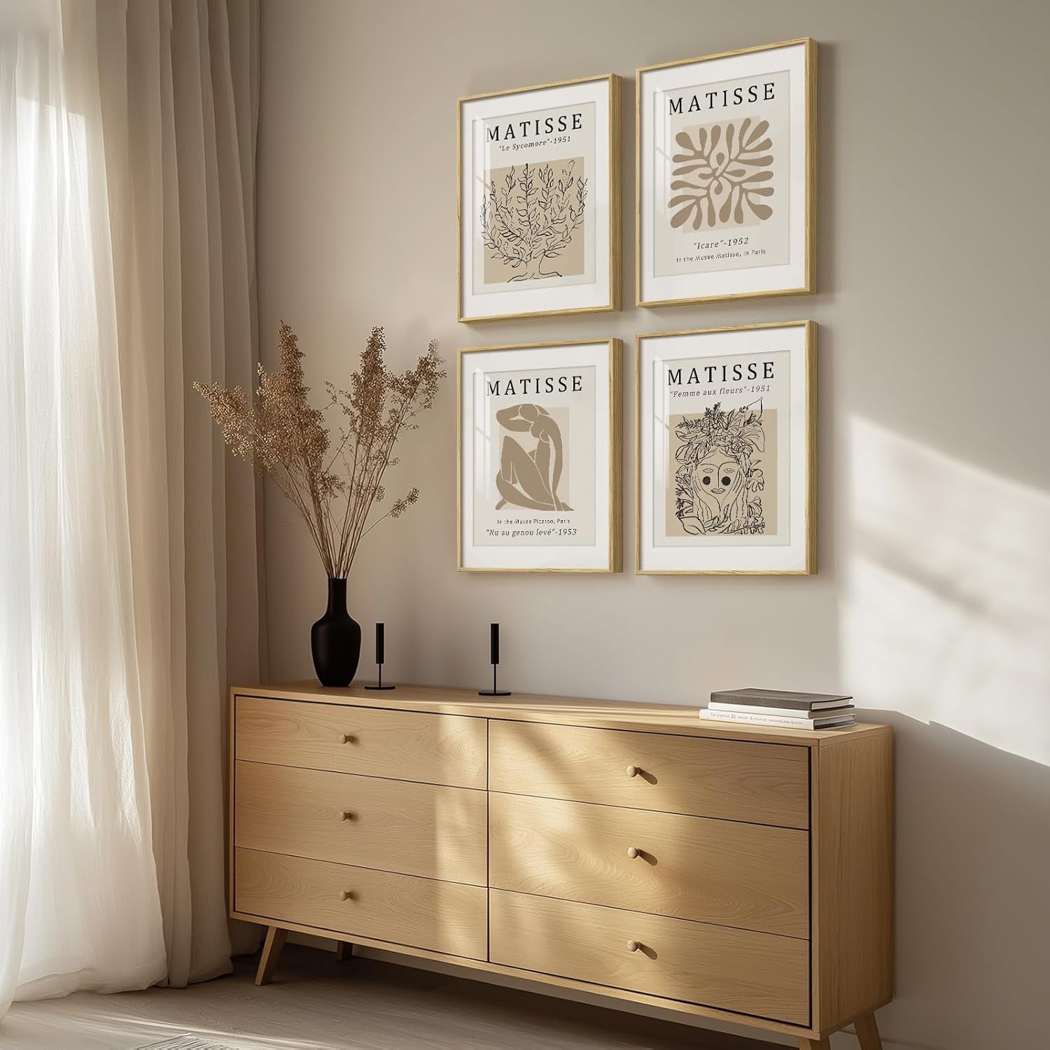 Framed Matisse Neutral Wall Art Set of 4, Beige Abstract Modern Minimalist Botanical Prints for Bathroom Living Room Dining Room Bedroom Home Office Decor, 12X16