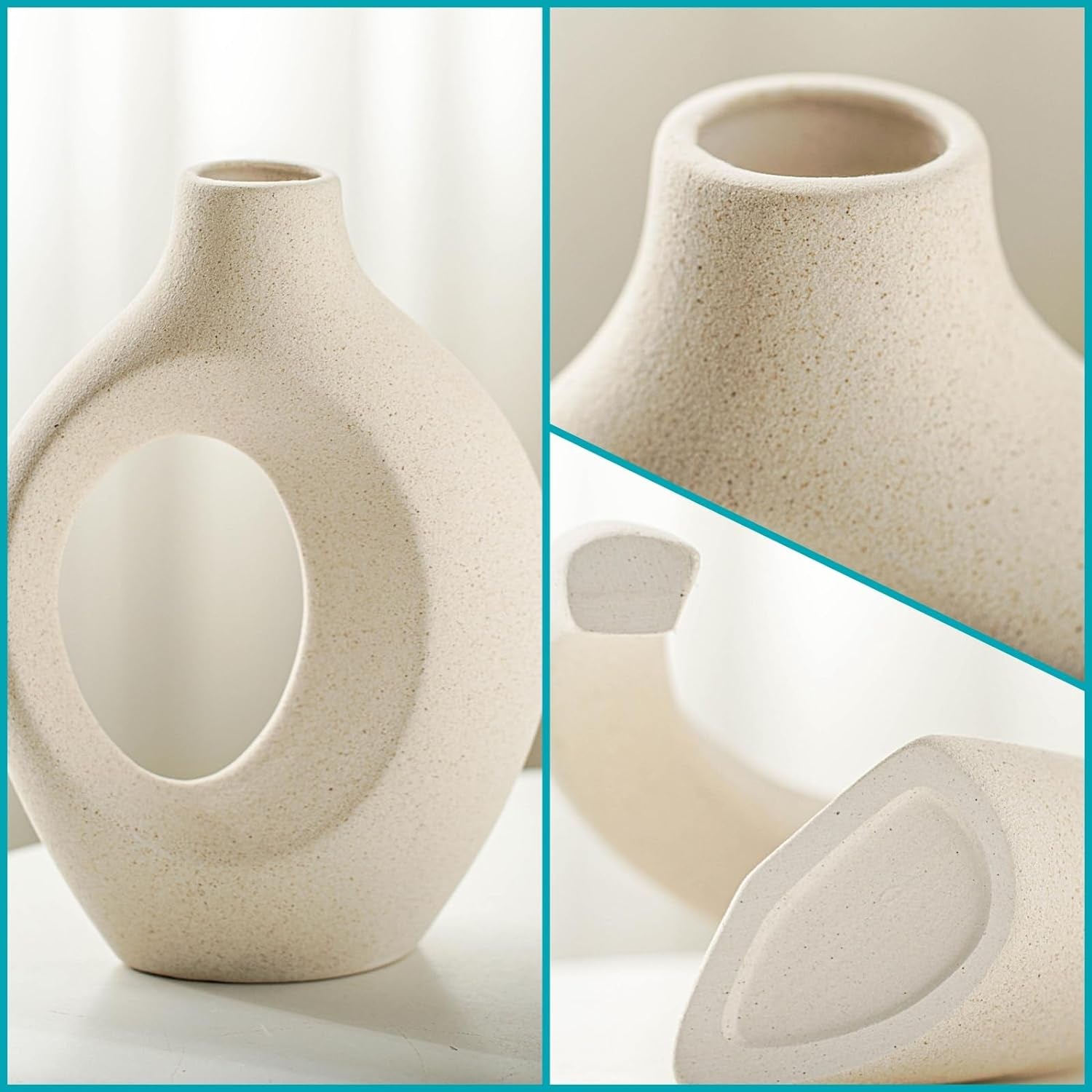 Snuggle Hollow Ceramic Vase Set of 2, Nordic Modern Boho Ins Style Decorative Ceramic Aesthetic Flower Vase for Home Decor (Milky White W 6.3" X H 8.4")