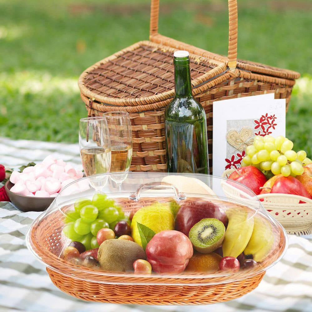 Natural Rattan Oval Woven Bread Baskets with Acrylic Lids for Kitchen Bread Fruit Food Serving Display (2-Piece Set)