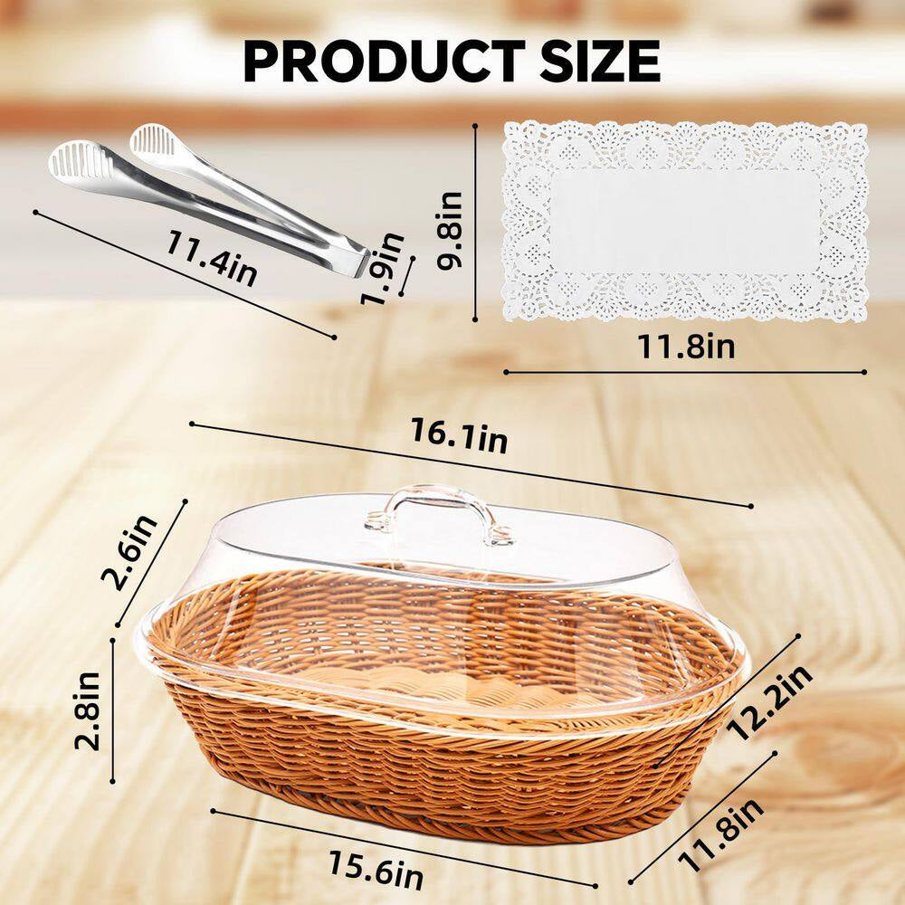Natural Rattan Oval Woven Bread Baskets with Acrylic Lids for Kitchen Bread Fruit Food Serving Display (2-Piece Set)
