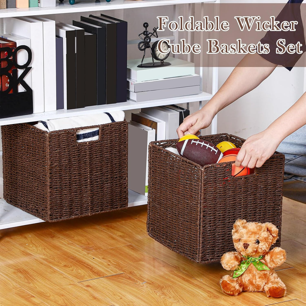 6 Pack Wicker Storage Baskets Foldable Wicker Baskets Hand-Woven Willow Rope 11X11X11 Inch Square Cube Storage Bins Organizer for Shelves Organizing Decor Laundry Pantry(Brown)