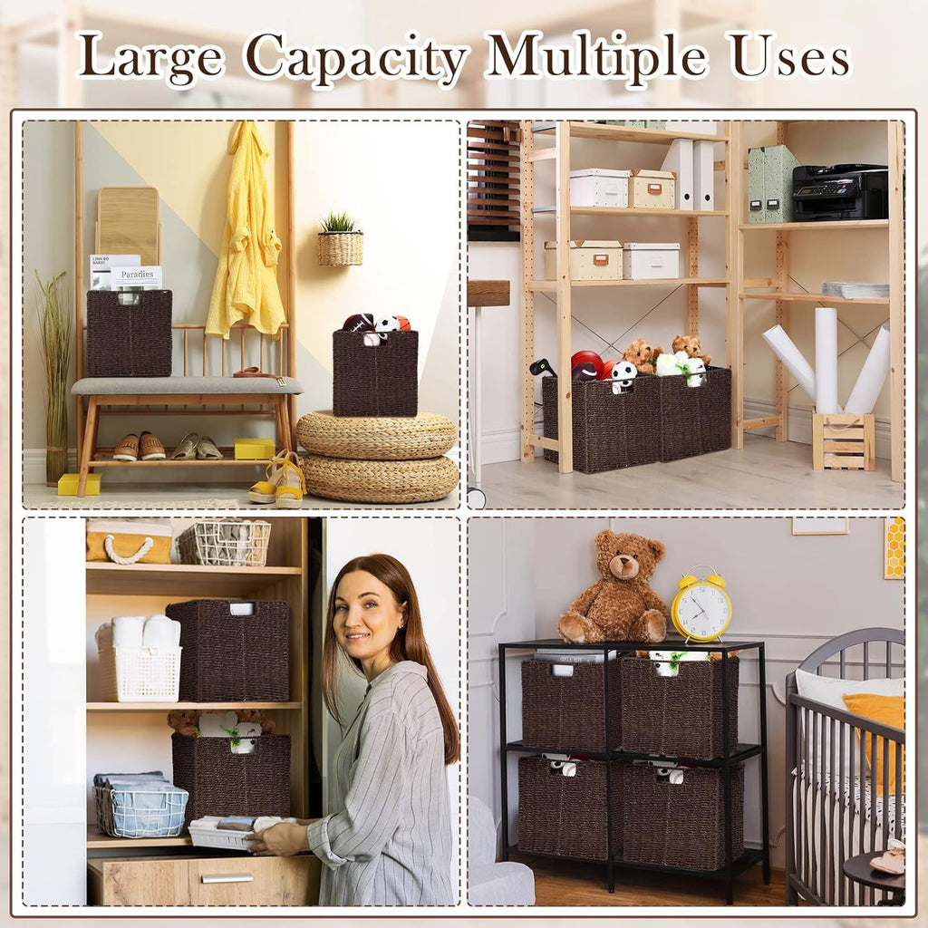 6 Pack Wicker Storage Baskets Foldable Wicker Baskets Hand-Woven Willow Rope 11X11X11 Inch Square Cube Storage Bins Organizer for Shelves Organizing Decor Laundry Pantry(Brown)