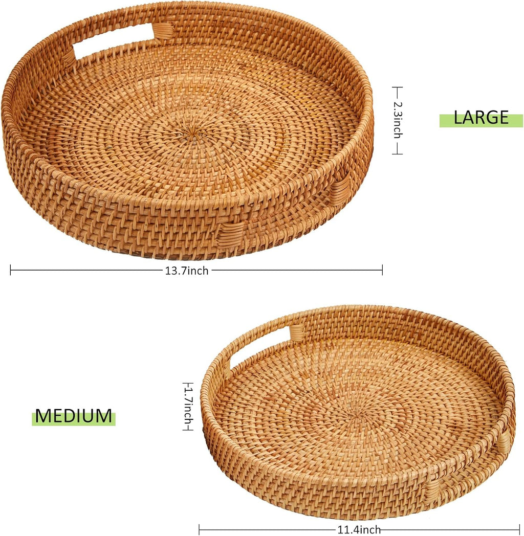 Round Rattan Serving Tray with Handles,2 Hand Woven Basket, Home Decor Organizer Tray for Breakfast, Tea, Snack, Fruit, Coffee, Storage (Large + Medium)(14.17Inchx2.3Inch+11.9Inchx1.7Inch