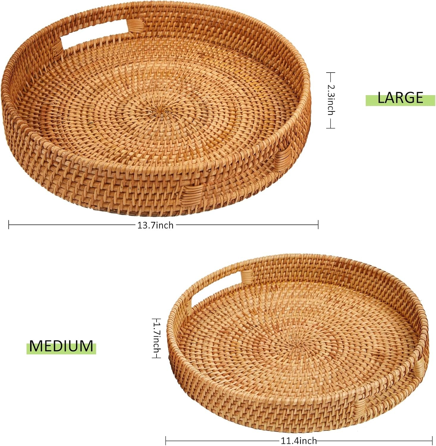 Round Rattan Serving Tray with Handles,2 Hand Woven Basket, Home Decor Organizer Tray for Breakfast, Tea, Snack, Fruit, Coffee, Storage (Large + Medium)(14.17Inchx2.3Inch+11.9Inchx1.7Inch