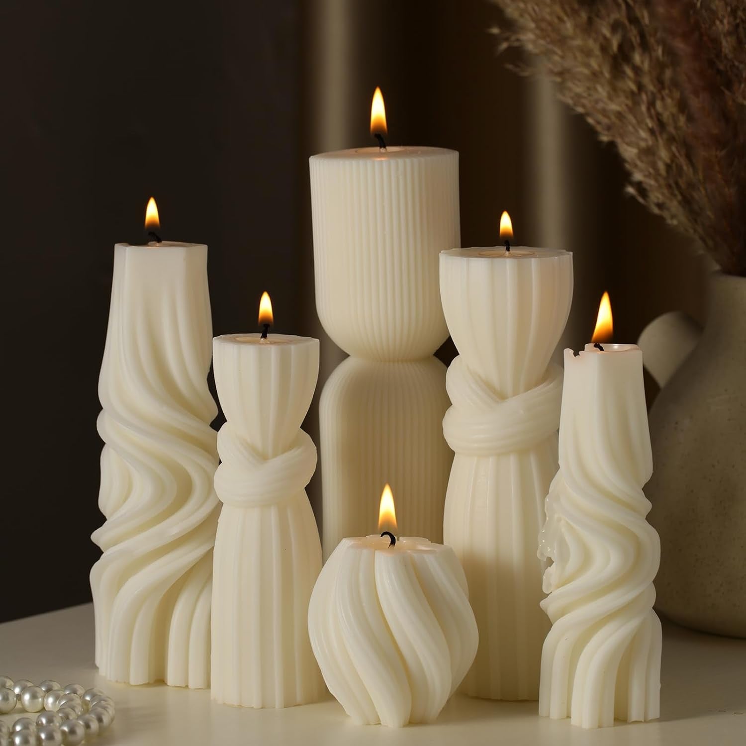 6 Pcs Pillar Candles Decorative Modern Aesthetic Ribbed Candle Set Cute Soy Wax Scented Ribbed Decor Commemorative Gift for Home Decoration(White, 2.36-6.89 Inch)