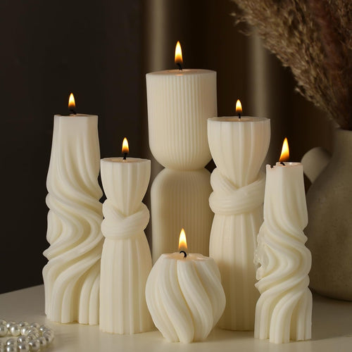 6 Pcs Pillar Candles Decorative Modern Aesthetic Ribbed Candle Set Cute Soy Wax Scented Ribbed Decor Commemorative Gift for Home Decoration(White, 2.36-6.89 Inch)
