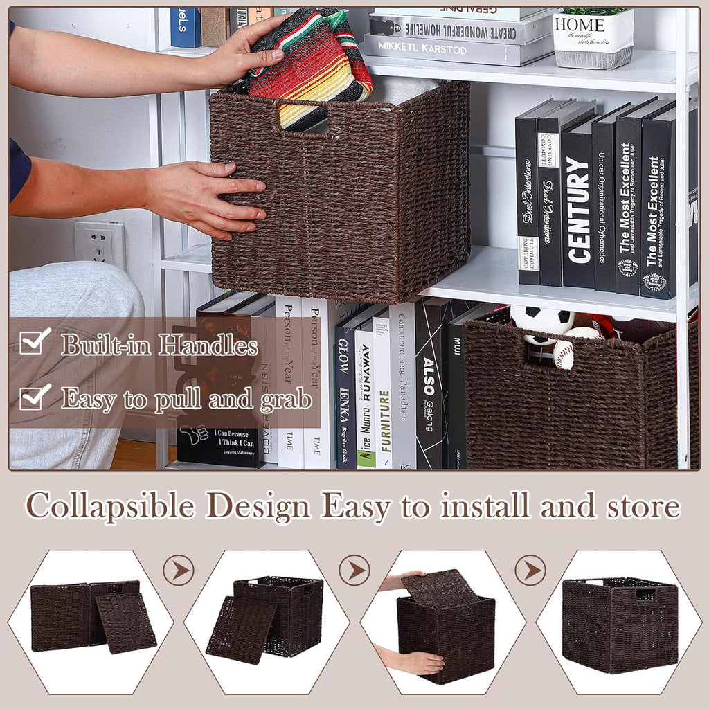 6 Pack Wicker Storage Baskets Foldable Wicker Baskets Hand-Woven Willow Rope 11X11X11 Inch Square Cube Storage Bins Organizer for Shelves Organizing Decor Laundry Pantry(Brown)