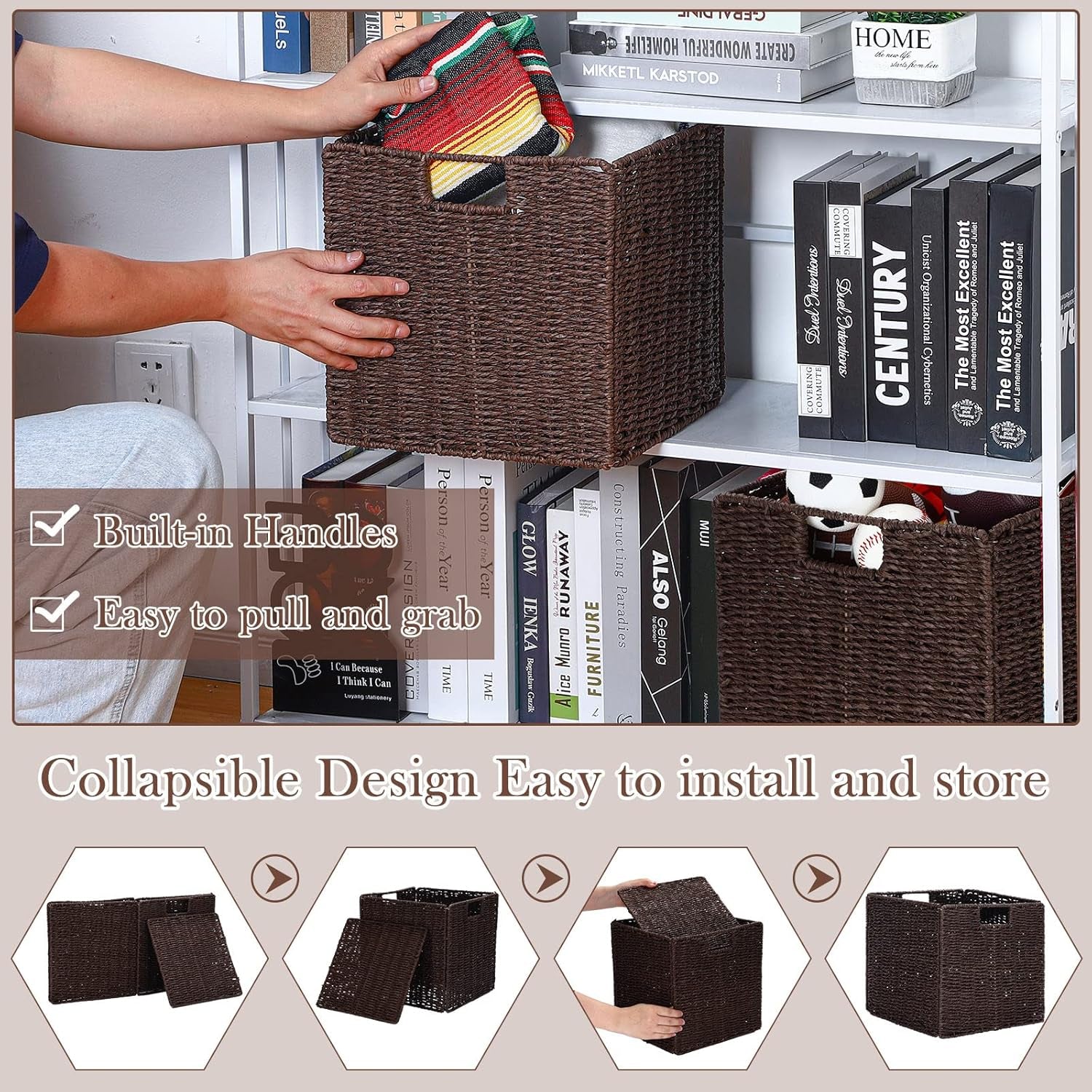 6 Pack Wicker Storage Baskets Foldable Wicker Baskets Hand-Woven Willow Rope 11X11X11 Inch Square Cube Storage Bins Organizer for Shelves Organizing Decor Laundry Pantry(Brown)