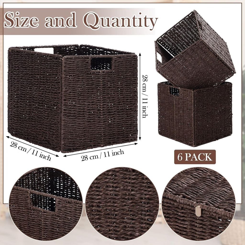 6 Pack Wicker Storage Baskets Foldable Wicker Baskets Hand-Woven Willow Rope 11X11X11 Inch Square Cube Storage Bins Organizer for Shelves Organizing Decor Laundry Pantry(Brown)