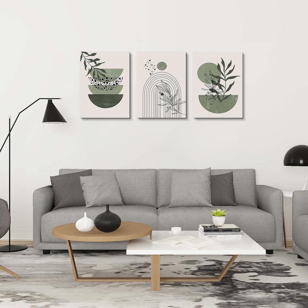 Sage Green Wall Posters & Prints, Green Boho Wall Art Set of 3, Minimalist Framed Wall Art Geometric Line Leaf Sun Moon Beige Green Canvas Artwork Paintings