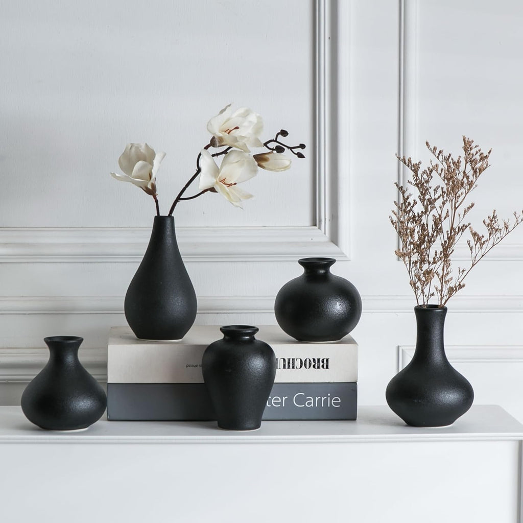 Small Black Vases, Ceramic Bud Vase Set of 5, Mini Pottery Vases for Pampas Grass, Flowers, Decorative Vases for Home Modern Decor, Rustic Decor, Veses for Living Room Dining Table Shelves