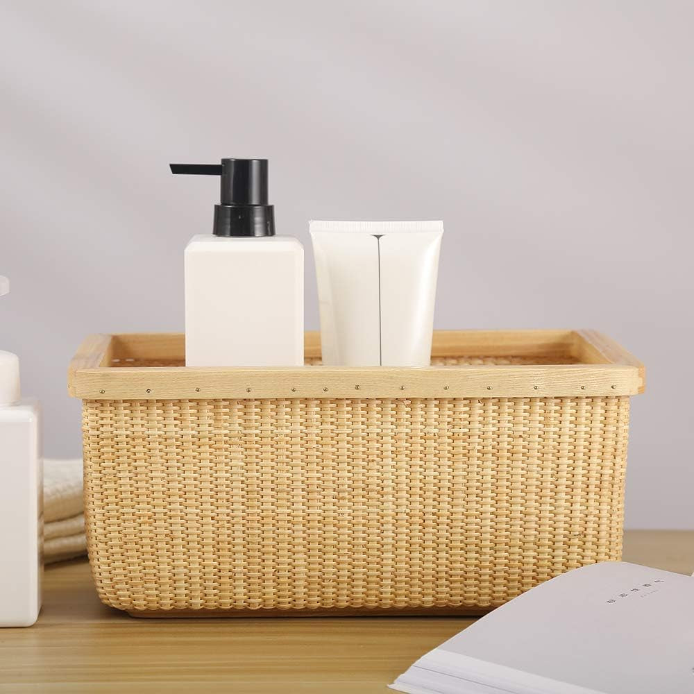 Covered Rattan and Solid Wood Home Living Room Decorations Modern Storage Basket Square Jewelry Box Fruit Basket Dining Table Storage Basket Weave