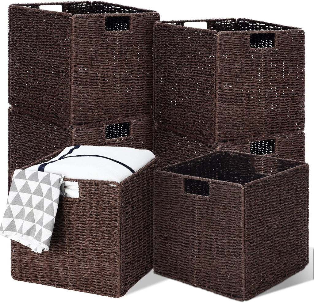 6 Pack Wicker Storage Baskets Foldable Wicker Baskets Hand-Woven Willow Rope 11X11X11 Inch Square Cube Storage Bins Organizer for Shelves Organizing Decor Laundry Pantry(Brown)