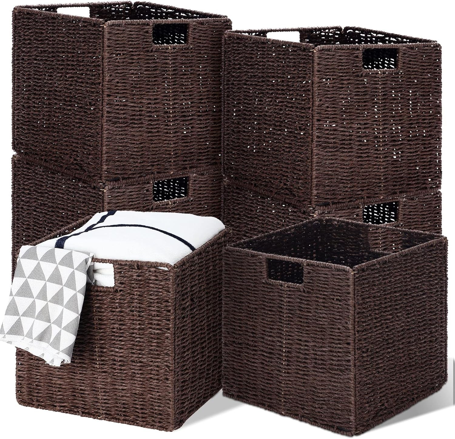 6 Pack Wicker Storage Baskets Foldable Wicker Baskets Hand-Woven Willow Rope 11X11X11 Inch Square Cube Storage Bins Organizer for Shelves Organizing Decor Laundry Pantry(Brown)