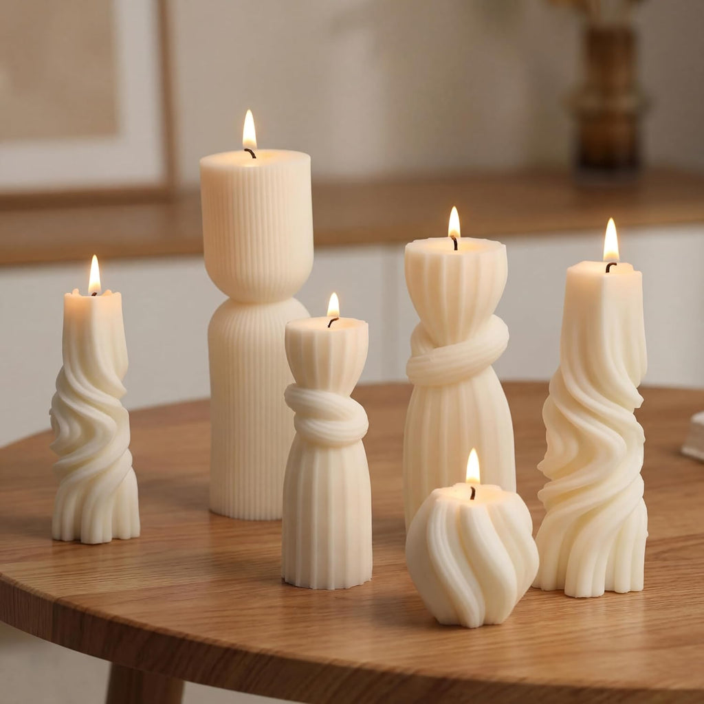 6 Pcs Pillar Candles Decorative Modern Aesthetic Ribbed Candle Set Cute Soy Wax Scented Ribbed Decor Commemorative Gift for Home Decoration(White, 2.36-6.89 Inch)