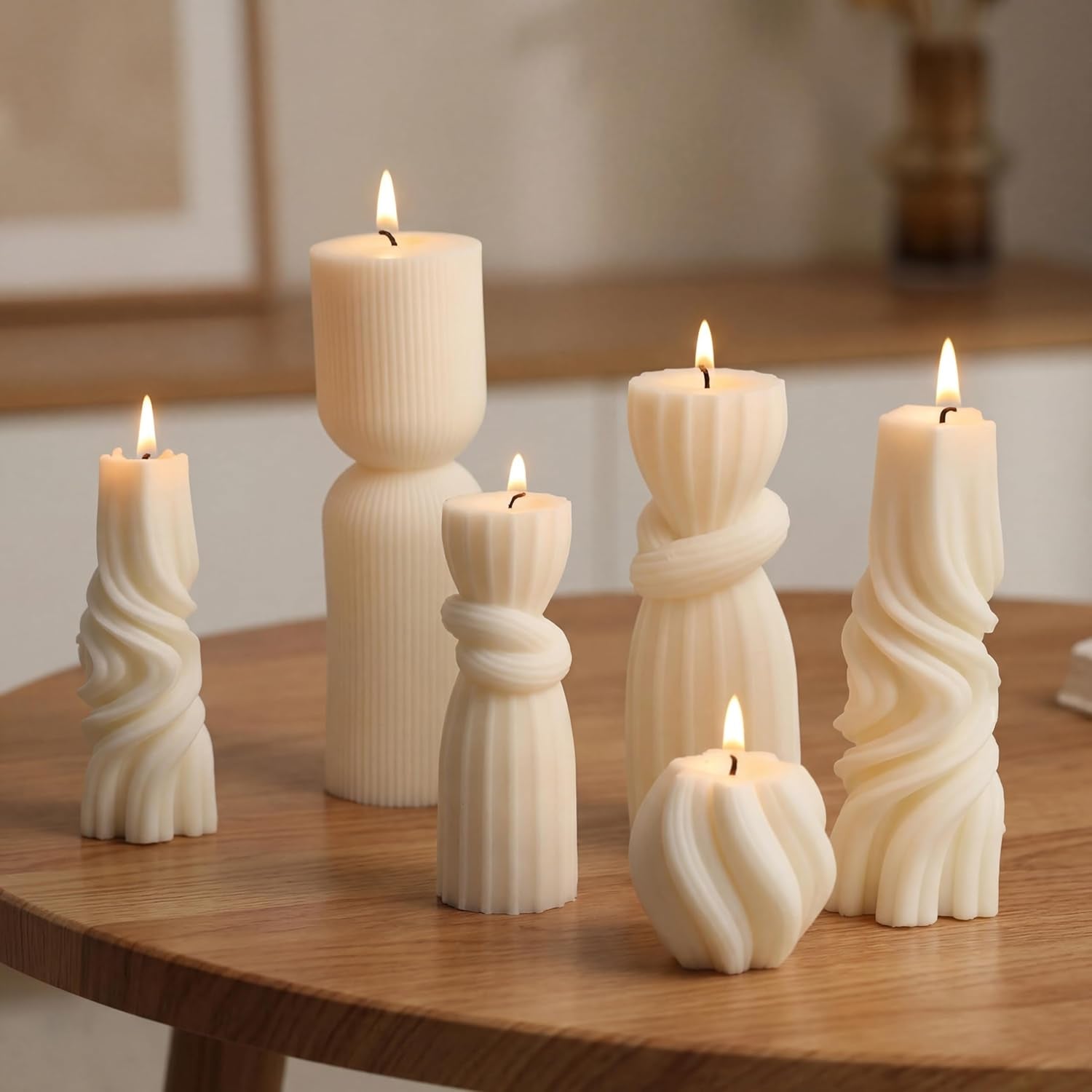 6 Pcs Pillar Candles Decorative Modern Aesthetic Ribbed Candle Set Cute Soy Wax Scented Ribbed Decor Commemorative Gift for Home Decoration(White, 2.36-6.89 Inch)