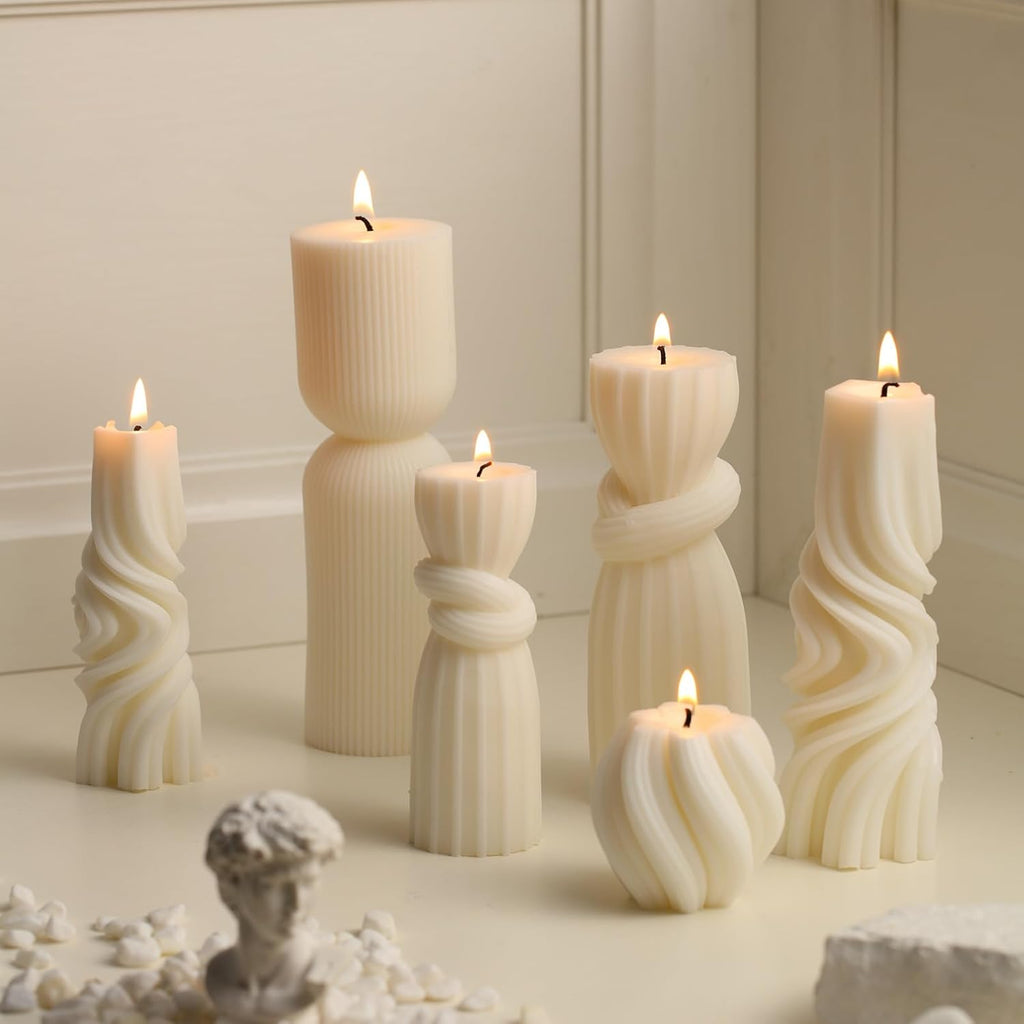 6 Pcs Pillar Candles Decorative Modern Aesthetic Ribbed Candle Set Cute Soy Wax Scented Ribbed Decor Commemorative Gift for Home Decoration(White, 2.36-6.89 Inch)