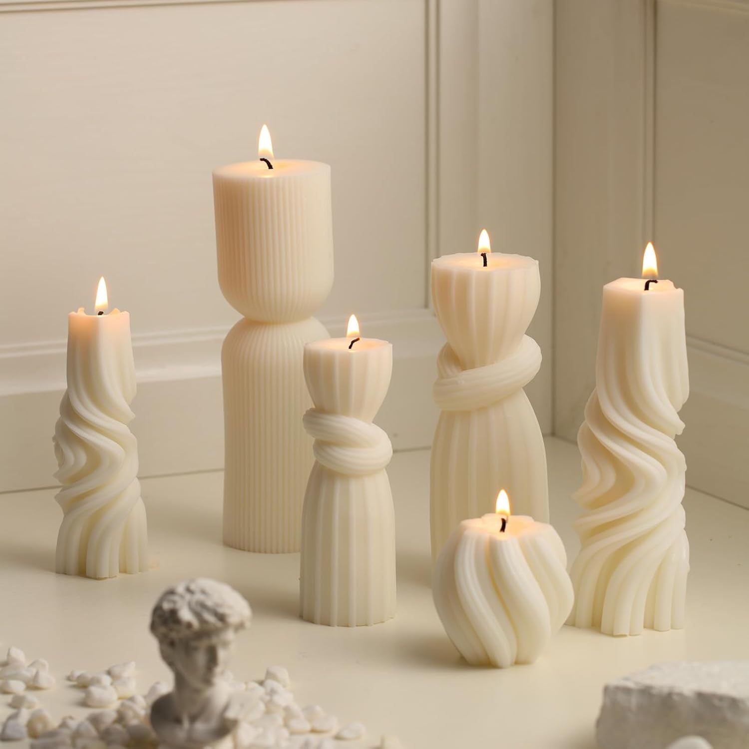 6 Pcs Pillar Candles Decorative Modern Aesthetic Ribbed Candle Set Cute Soy Wax Scented Ribbed Decor Commemorative Gift for Home Decoration(White, 2.36-6.89 Inch)