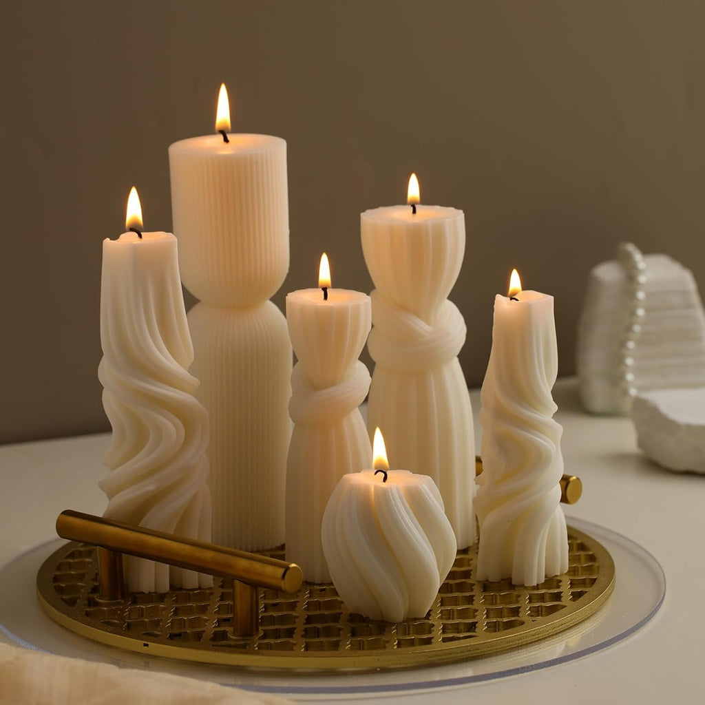 6 Pcs Pillar Candles Decorative Modern Aesthetic Ribbed Candle Set Cute Soy Wax Scented Ribbed Decor Commemorative Gift for Home Decoration(White, 2.36-6.89 Inch)