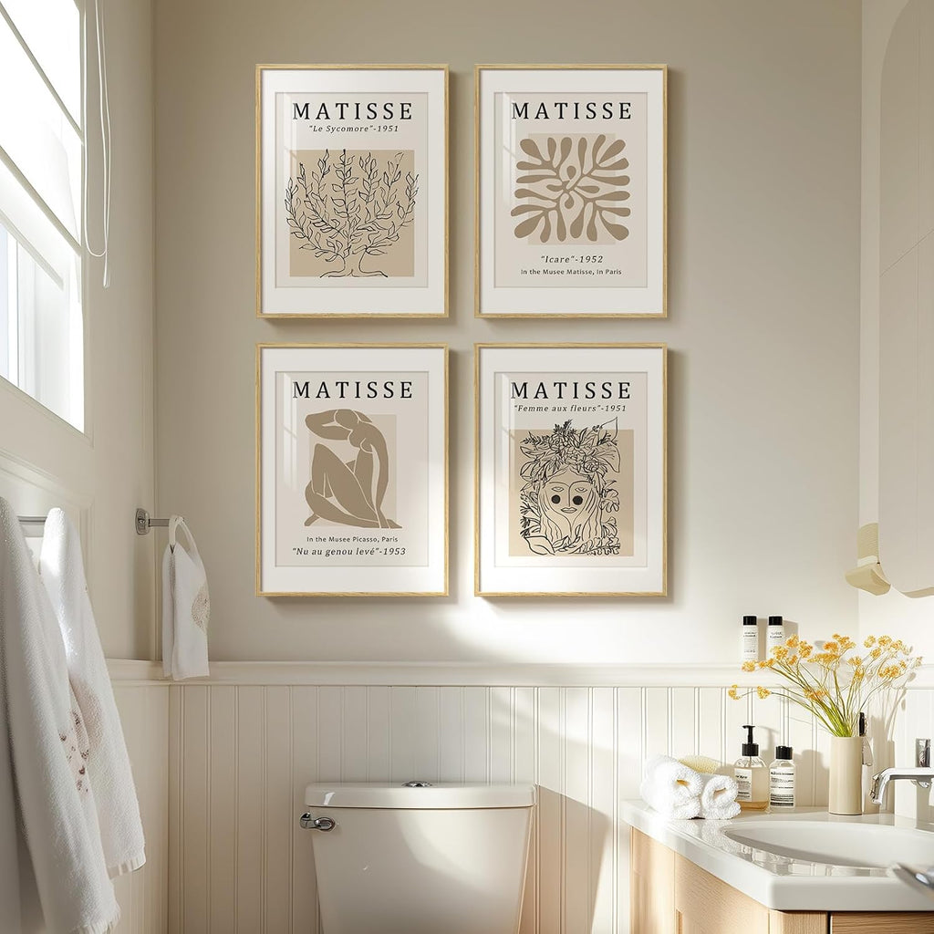 Framed Matisse Neutral Wall Art Set of 4, Beige Abstract Modern Minimalist Botanical Prints for Bathroom Living Room Dining Room Bedroom Home Office Decor, 12X16