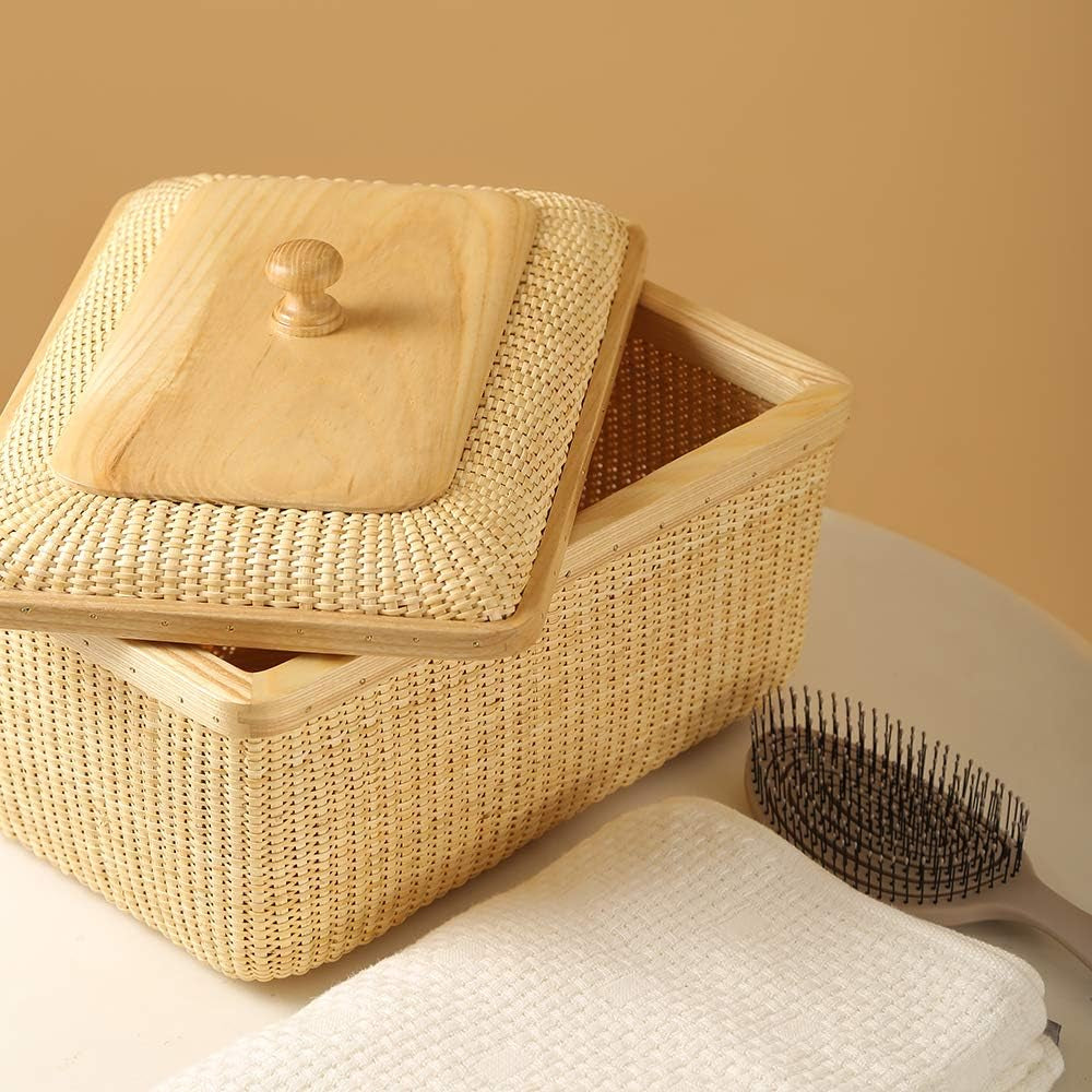 Covered Rattan and Solid Wood Home Living Room Decorations Modern Storage Basket Square Jewelry Box Fruit Basket Dining Table Storage Basket Weave