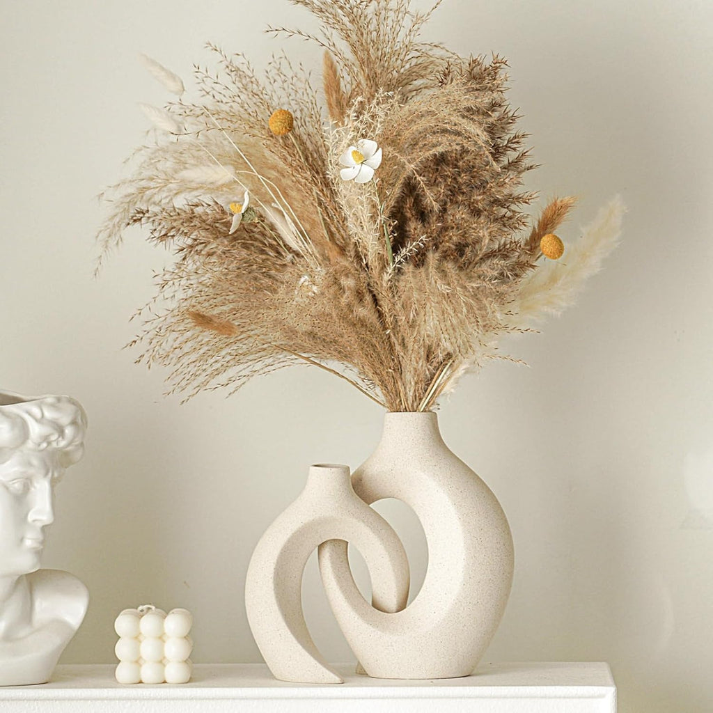 Snuggle Hollow Ceramic Vase Set of 2, Nordic Modern Boho Ins Style Decorative Ceramic Aesthetic Flower Vase for Home Decor (Milky White W 6.3" X H 8.4")