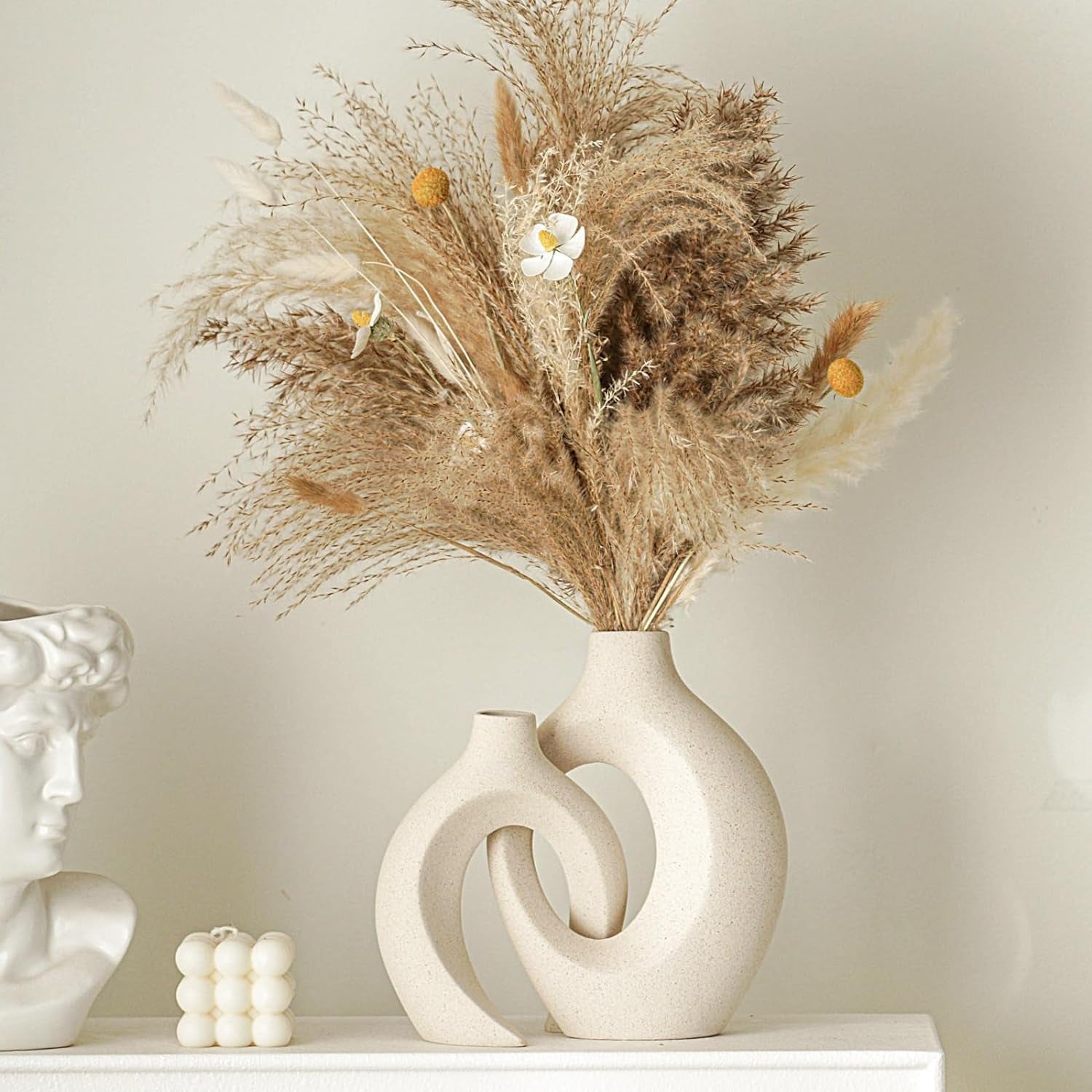 Snuggle Hollow Ceramic Vase Set of 2, Nordic Modern Boho Ins Style Decorative Ceramic Aesthetic Flower Vase for Home Decor (Milky White W 6.3" X H 8.4")
