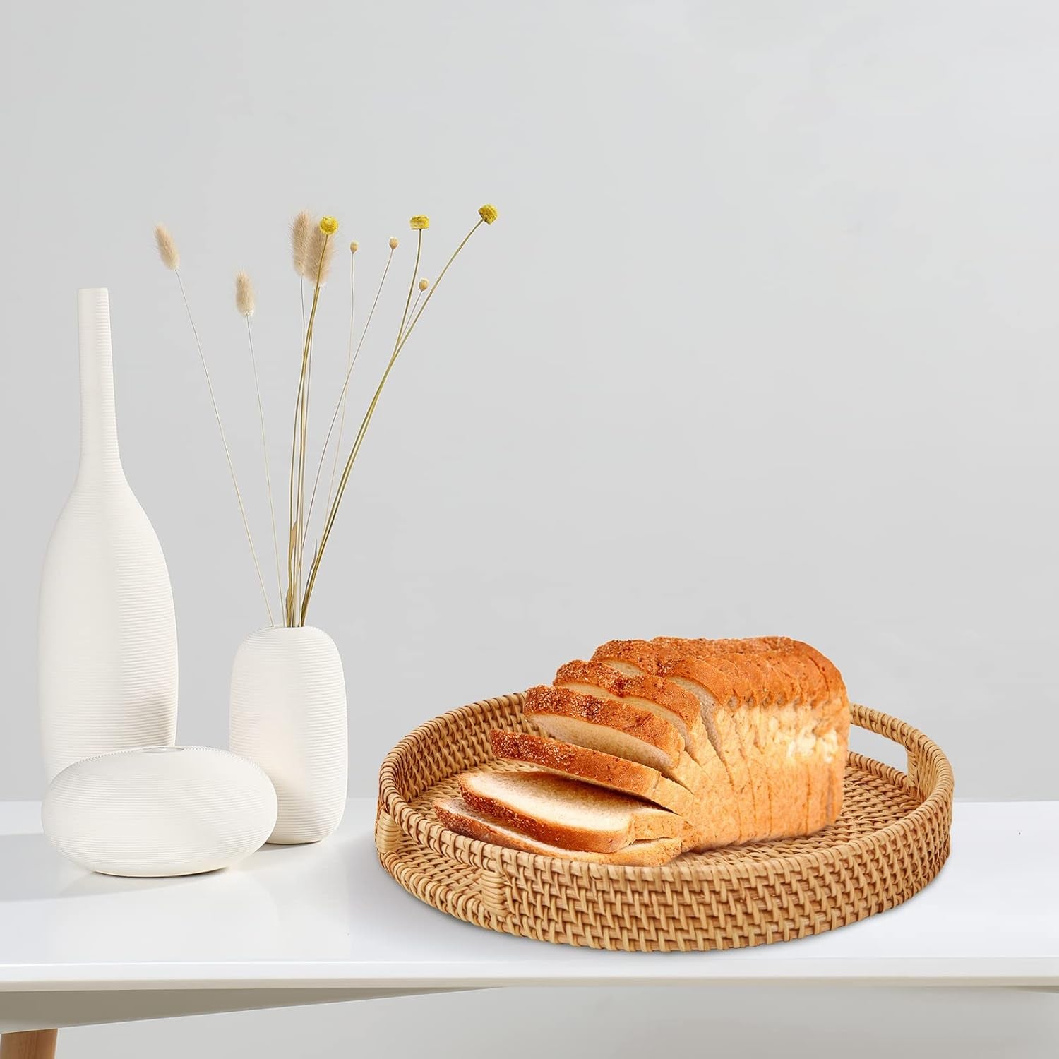 Round Rattan Serving Tray with Handles,2 Hand Woven Basket, Home Decor Organizer Tray for Breakfast, Tea, Snack, Fruit, Coffee, Storage (Large + Medium)(14.17Inchx2.3Inch+11.9Inchx1.7Inch