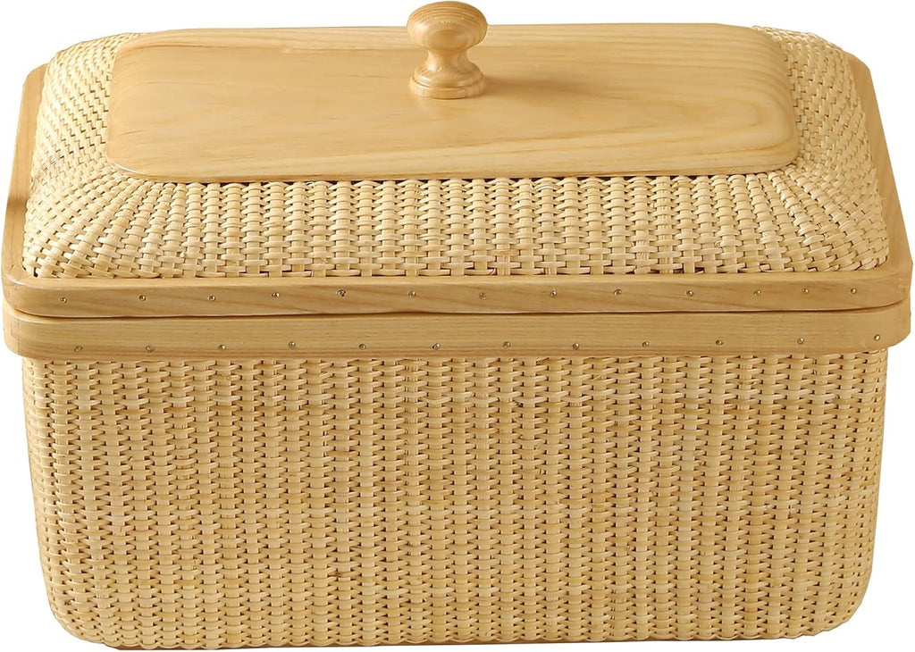 Covered Rattan and Solid Wood Home Living Room Decorations Modern Storage Basket Square Jewelry Box Fruit Basket Dining Table Storage Basket Weave