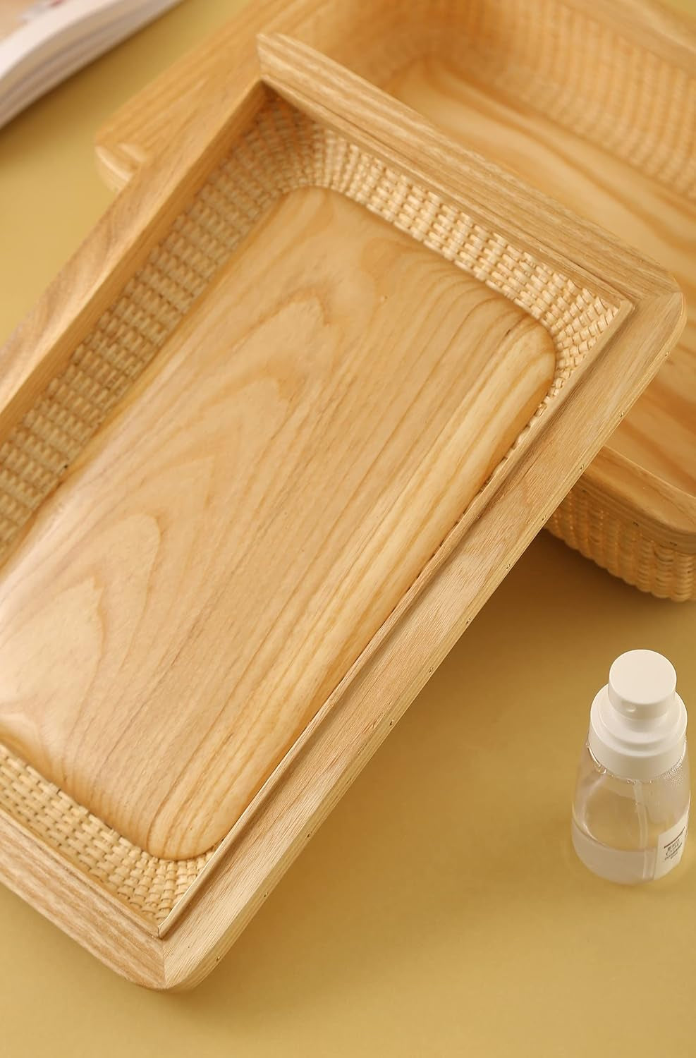 Covered Rattan and Solid Wood Home Living Room Decorations Modern Storage Basket Square Jewelry Box Fruit Basket Dining Table Storage Basket Weave