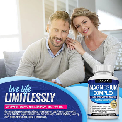 Magnesium Complex Supplement 8 Elemental 1000mg - Magnesium Glycinate, Citrate, Malate, Taurate for Bones, Muscles, Energy