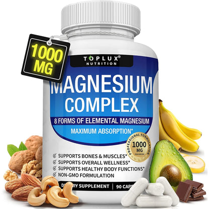 Magnesium Complex Supplement 8 Elemental 1000mg - Magnesium Glycinate, Citrate, Malate, Taurate for Bones, Muscles, Energy
