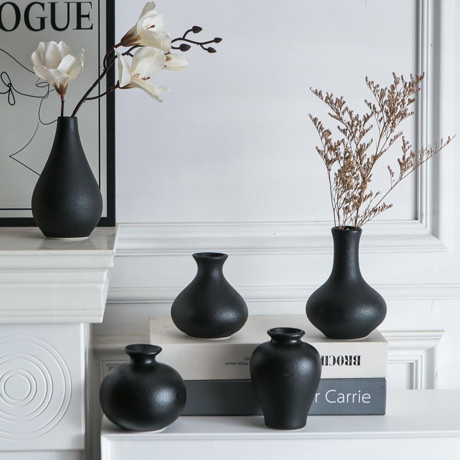 Small Black Vases, Ceramic Bud Vase Set of 5, Mini Pottery Vases for Pampas Grass, Flowers, Decorative Vases for Home Modern Decor, Rustic Decor, Veses for Living Room Dining Table Shelves