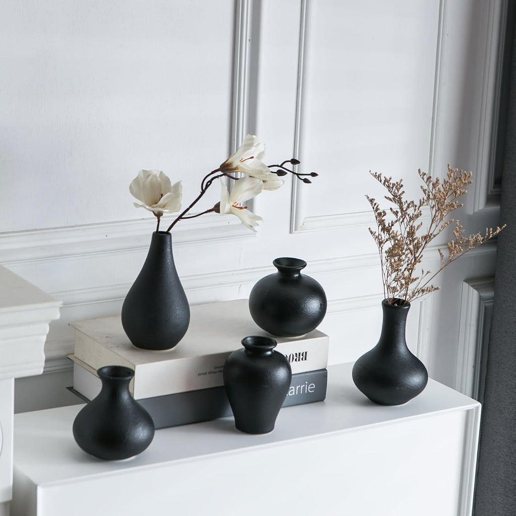 Small Black Vases, Ceramic Bud Vase Set of 5, Mini Pottery Vases for Pampas Grass, Flowers, Decorative Vases for Home Modern Decor, Rustic Decor, Veses for Living Room Dining Table Shelves