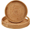 Round Rattan Serving Tray with Handles,2 Hand Woven Basket, Home Decor Organizer Tray for Breakfast, Tea, Snack, Fruit, Coffee, Storage (Large + Medium)(14.17Inchx2.3Inch+11.9Inchx1.7Inch