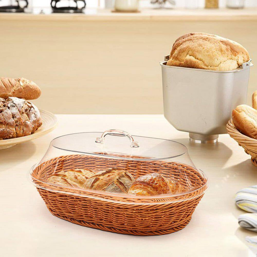 Natural Rattan Oval Woven Bread Baskets with Acrylic Lids for Kitchen Bread Fruit Food Serving Display (2-Piece Set)