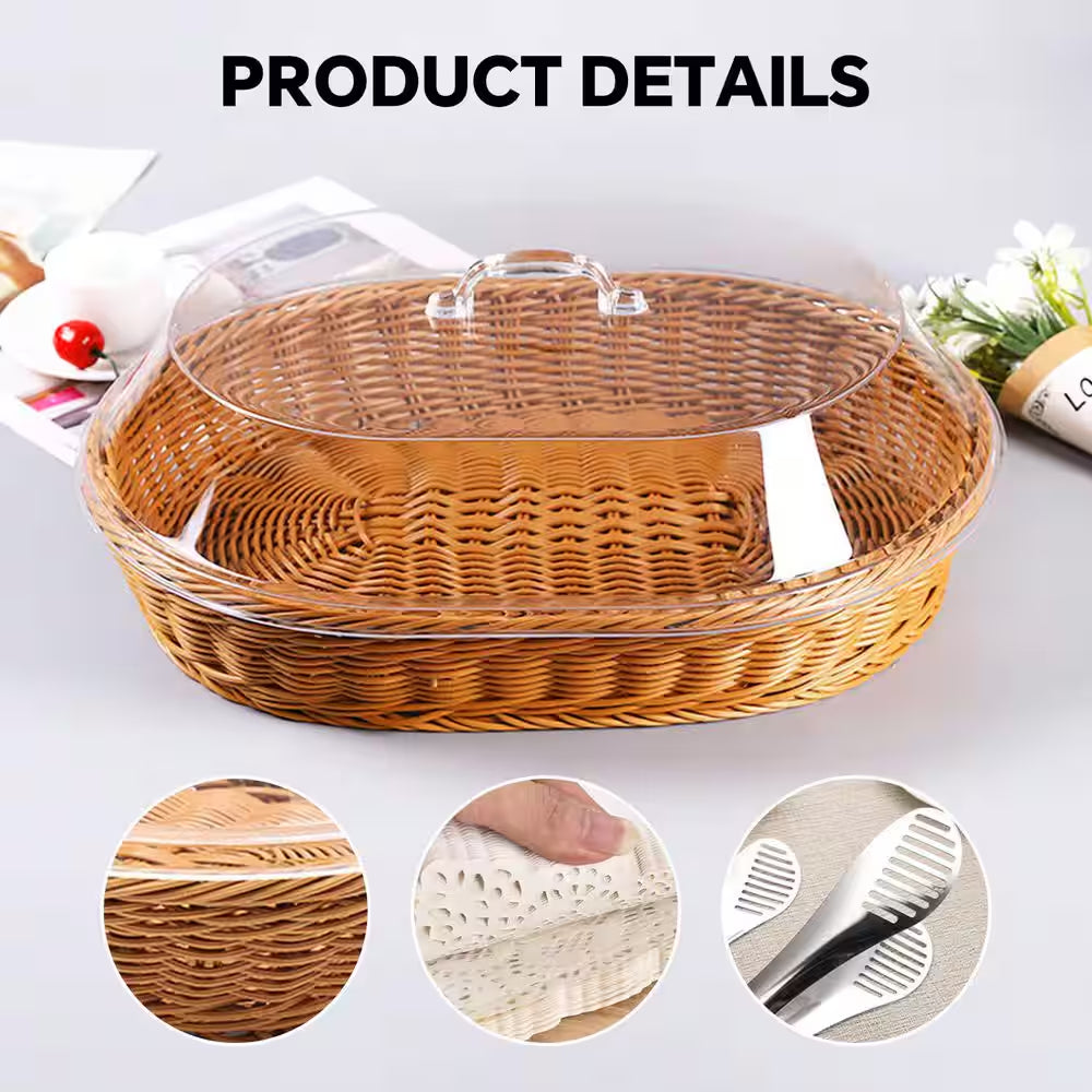 Natural Rattan Oval Woven Bread Baskets with Acrylic Lids for Kitchen Bread Fruit Food Serving Display (2-Piece Set)