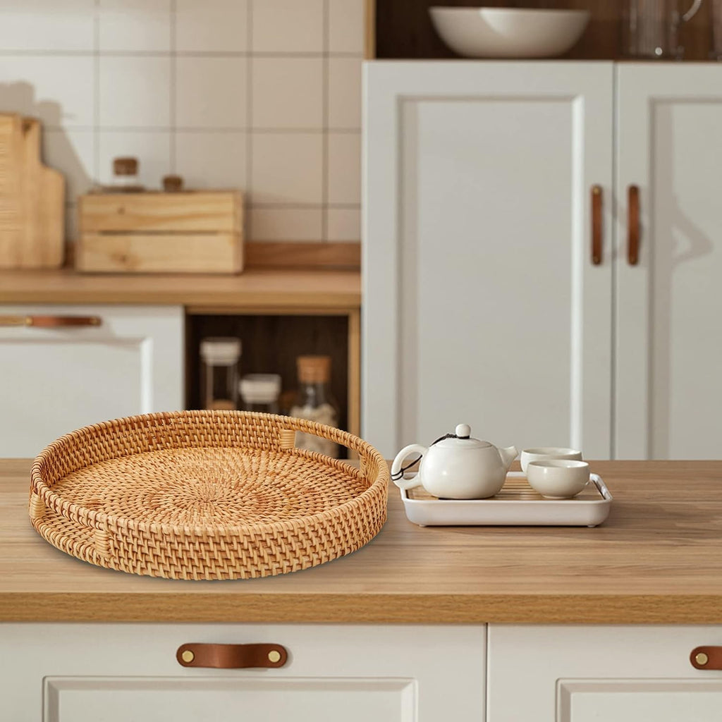 Round Rattan Serving Tray with Handles,2 Hand Woven Basket, Home Decor Organizer Tray for Breakfast, Tea, Snack, Fruit, Coffee, Storage (Large + Medium)(14.17Inchx2.3Inch+11.9Inchx1.7Inch