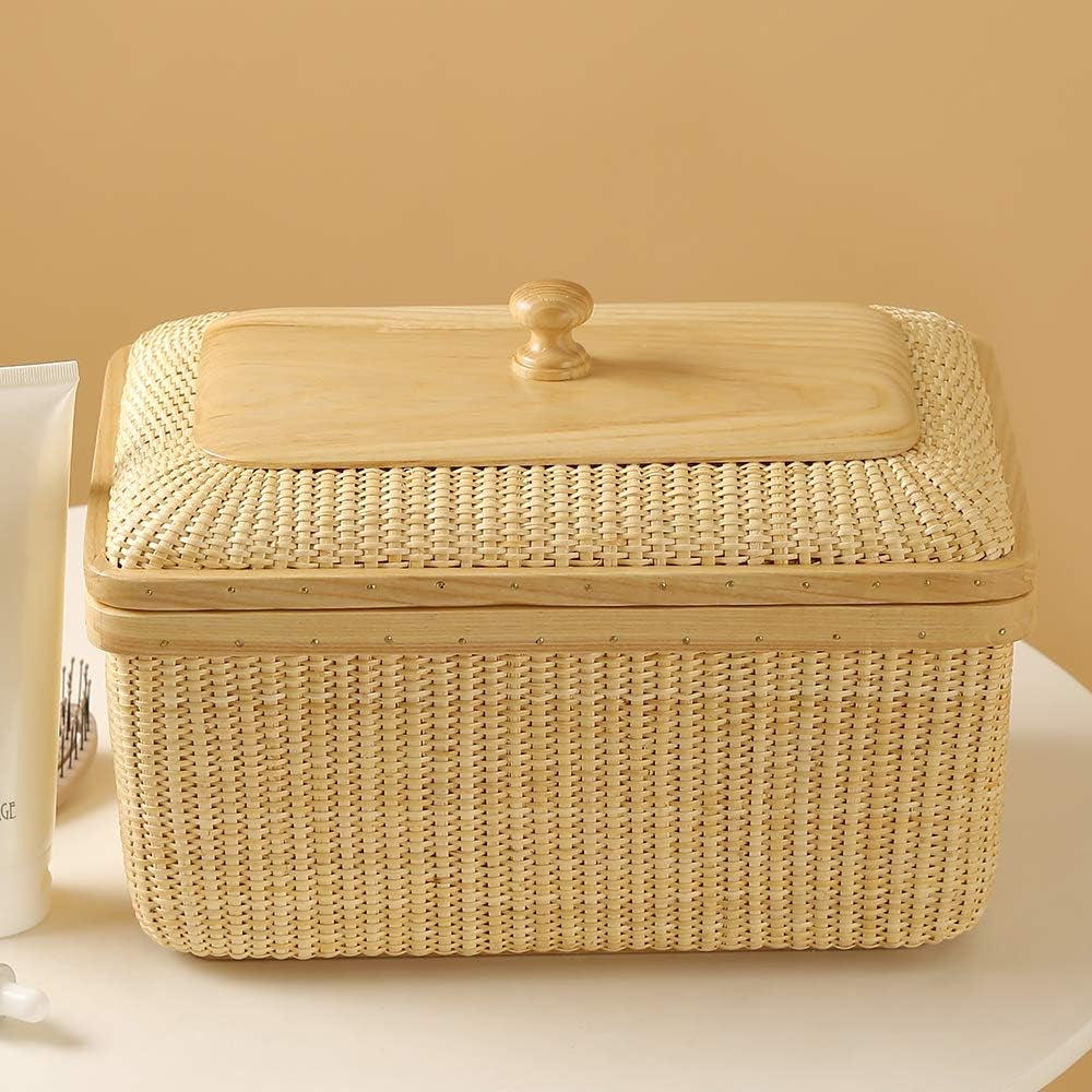 Covered Rattan and Solid Wood Home Living Room Decorations Modern Storage Basket Square Jewelry Box Fruit Basket Dining Table Storage Basket Weave