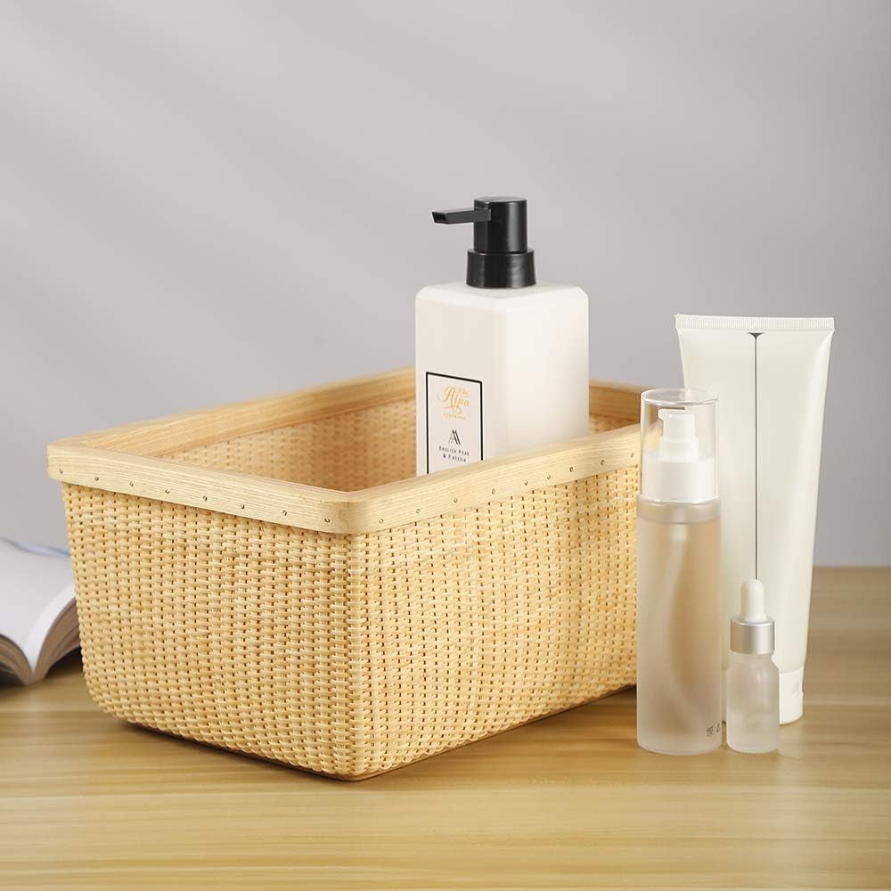 Covered Rattan and Solid Wood Home Living Room Decorations Modern Storage Basket Square Jewelry Box Fruit Basket Dining Table Storage Basket Weave