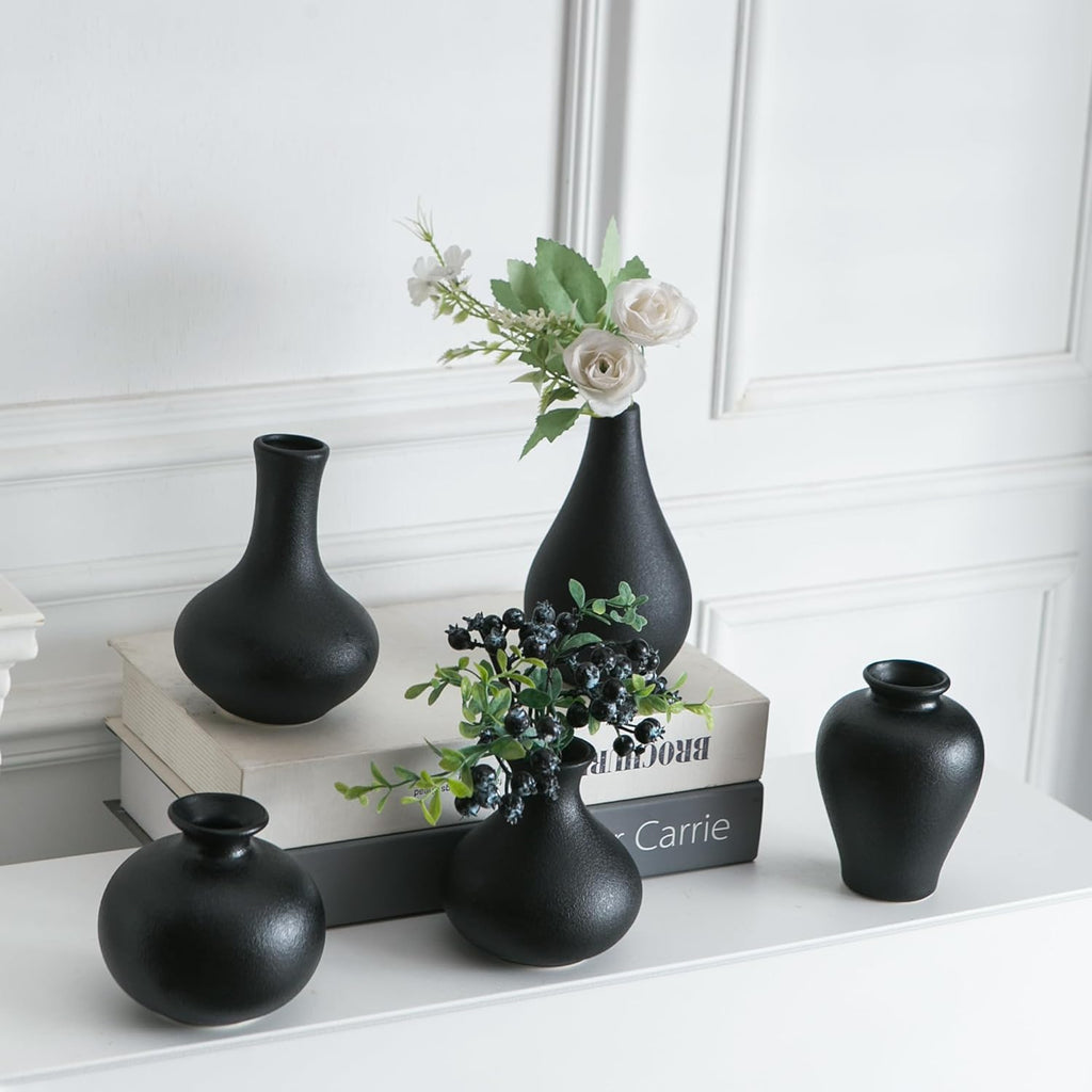 Small Black Vases, Ceramic Bud Vase Set of 5, Mini Pottery Vases for Pampas Grass, Flowers, Decorative Vases for Home Modern Decor, Rustic Decor, Veses for Living Room Dining Table Shelves