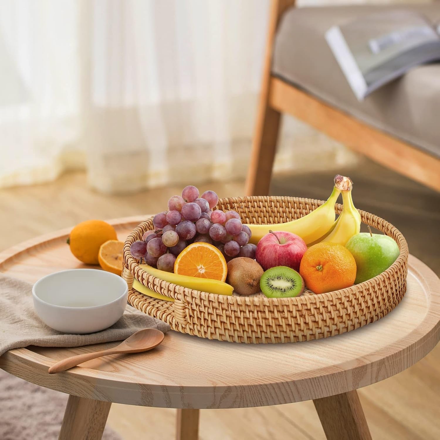 Round Rattan Serving Tray with Handles,2 Hand Woven Basket, Home Decor Organizer Tray for Breakfast, Tea, Snack, Fruit, Coffee, Storage (Large + Medium)(14.17Inchx2.3Inch+11.9Inchx1.7Inch