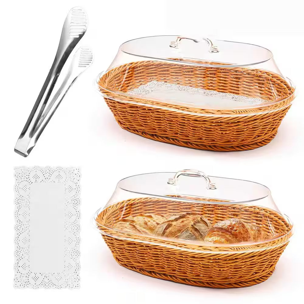 Natural Rattan Oval Woven Bread Baskets with Acrylic Lids for Kitchen Bread Fruit Food Serving Display (2-Piece Set)