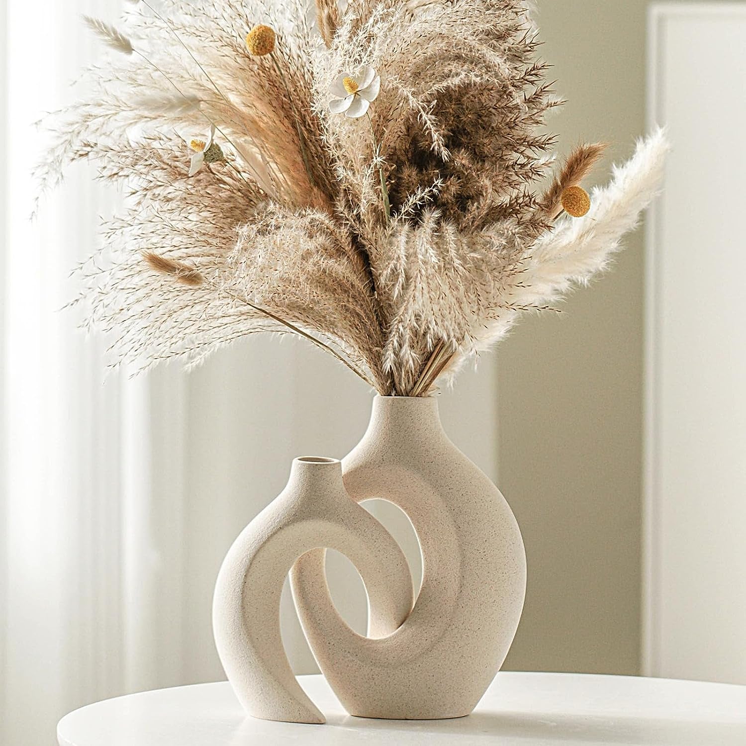 Snuggle Hollow Ceramic Vase Set of 2, Nordic Modern Boho Ins Style Decorative Ceramic Aesthetic Flower Vase for Home Decor (Milky White W 6.3" X H 8.4")
