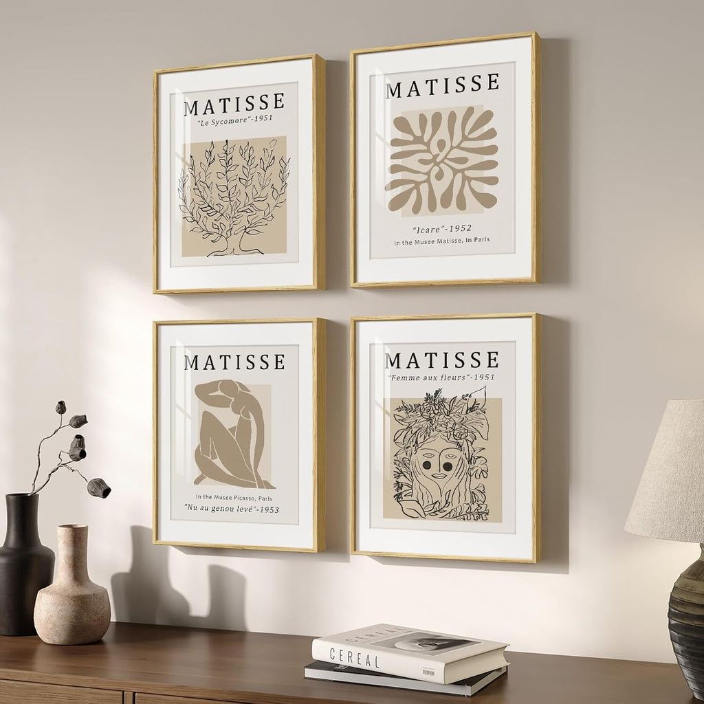 Framed Matisse Neutral Wall Art Set of 4, Beige Abstract Modern Minimalist Botanical Prints for Bathroom Living Room Dining Room Bedroom Home Office Decor, 12X16