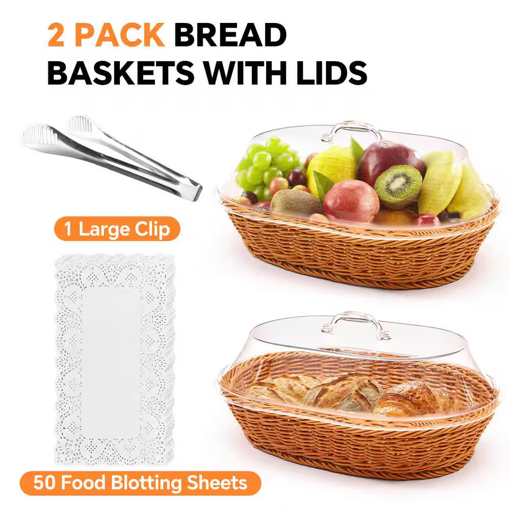 Natural Rattan Oval Woven Bread Baskets with Acrylic Lids for Kitchen Bread Fruit Food Serving Display (2-Piece Set)