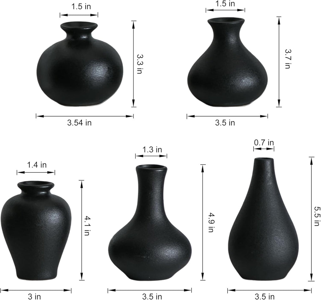 Small Black Vases, Ceramic Bud Vase Set of 5, Mini Pottery Vases for Pampas Grass, Flowers, Decorative Vases for Home Modern Decor, Rustic Decor, Veses for Living Room Dining Table Shelves