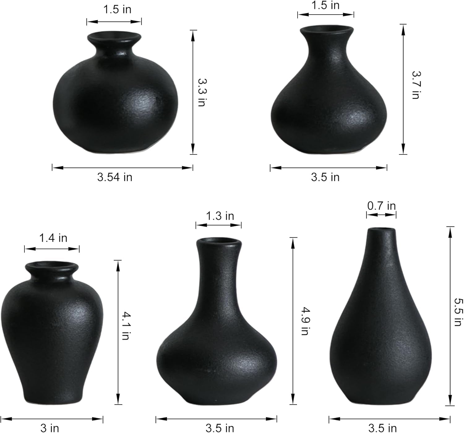 Small Black Vases, Ceramic Bud Vase Set of 5, Mini Pottery Vases for Pampas Grass, Flowers, Decorative Vases for Home Modern Decor, Rustic Decor, Veses for Living Room Dining Table Shelves